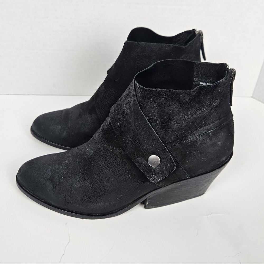 Eileen Fisher Tag Snap Black Nubuck Leather Square Block Heel Boots 7.5 Artsy